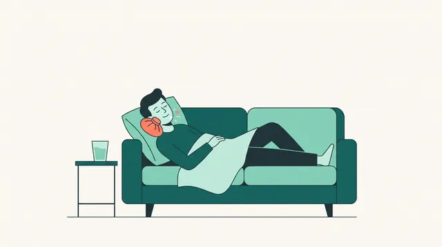 Ilustração de uma pessoa descansando no sofá com compressa no rosto após o tratamento de canal dentário