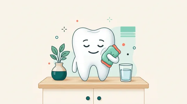 Personagem em formato de dente segurando compressa de alívio, simbolizando o cuidado com episódios agudos de dor de dente.