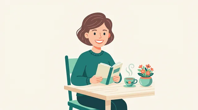 Ilustração de pessoa sorridente planejando quanto custa implante dentário em uma mesa acolhedora com xícara de chá e vaso de flor.